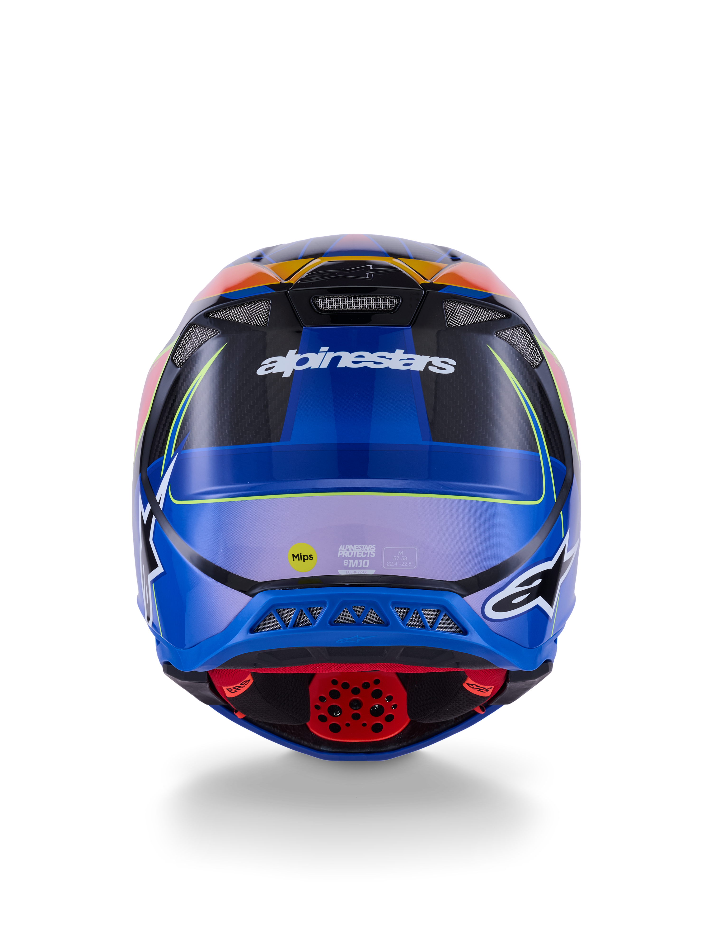 Alpinestars Supertech M10 Era Helm, Motocross-Helm, Rückansicht, Blau Rot Gelb Fluo Glänzend, mit Belüftungsöffnungen, Carbon-Verbundschale, Alpinestars-Branding und MIPS-Sicherheitsaufkleber, fortschrittlicher Offroad-Schutz