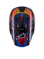 Alpinestars Supertech M10 Era Helm, Draufsicht, glänzendes Finish in Blau, Rot und Gelb Fluo, Carbonfaser-Schale, mehrere Belüftungsöffnungen mit Mesh, Alpinestars-Logo auf dem Visier, fortschrittliche Motocross-Schutzausrüstung