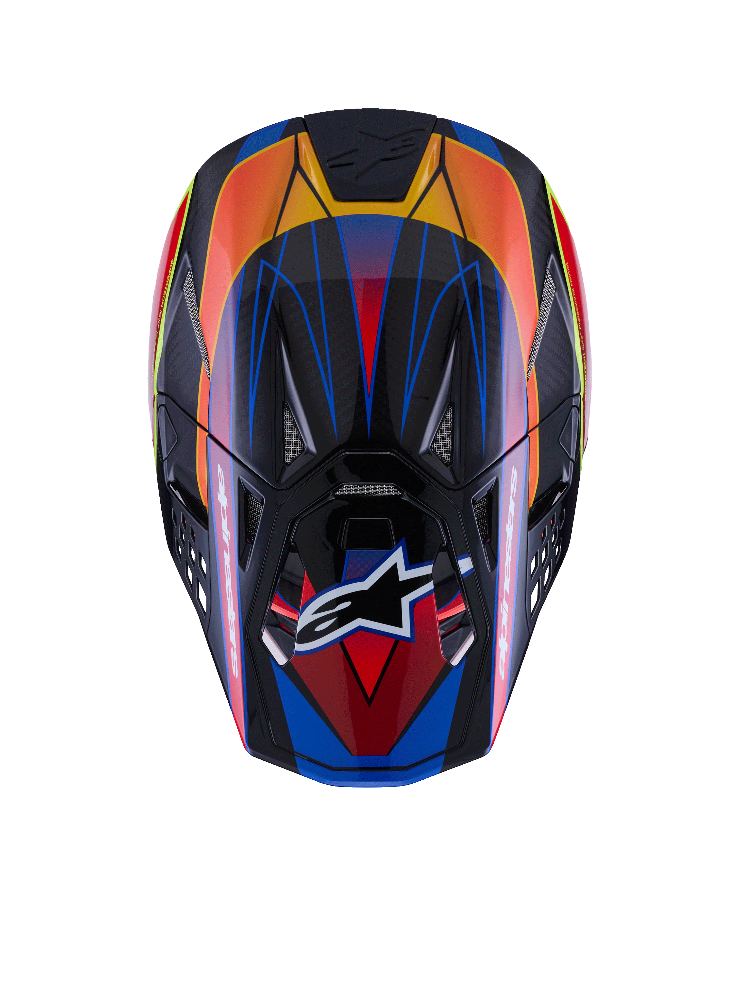 Alpinestars Supertech M10 Era Helm, Draufsicht, glänzendes Finish in Blau, Rot und Gelb Fluo, Carbonfaser-Schale, mehrere Belüftungsöffnungen mit Mesh, Alpinestars-Logo auf dem Visier, fortschrittliche Motocross-Schutzausrüstung