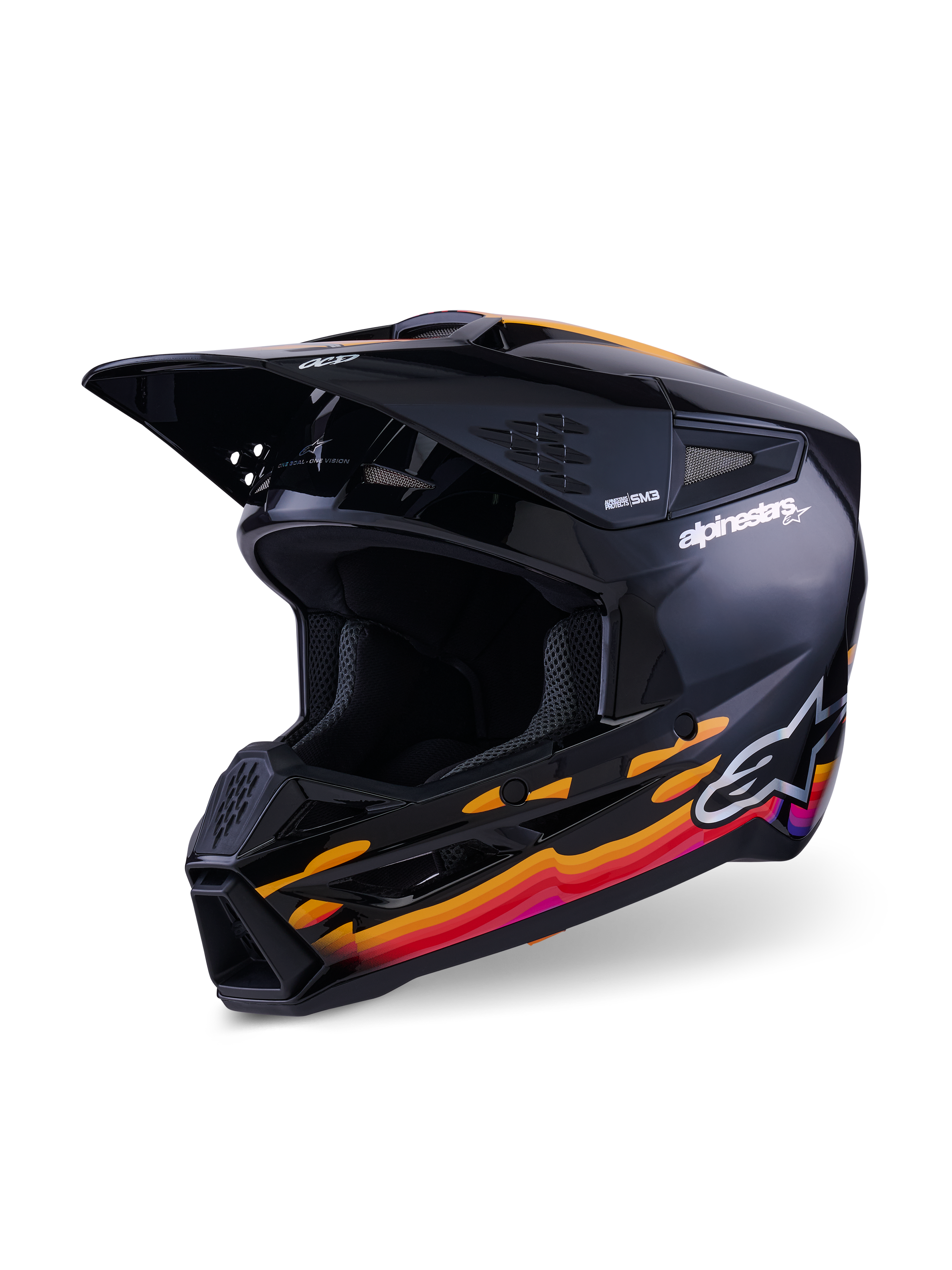 Alpinestars S-M3 Force OCD Helmet, Motocross Helmet, Black Glossy with vibrant orange, red, and purple graphics, featuring Alpinestars branding on the side and OCD logo on the visor, aerodynamic design with ventilation ports and a prominent chin guard.