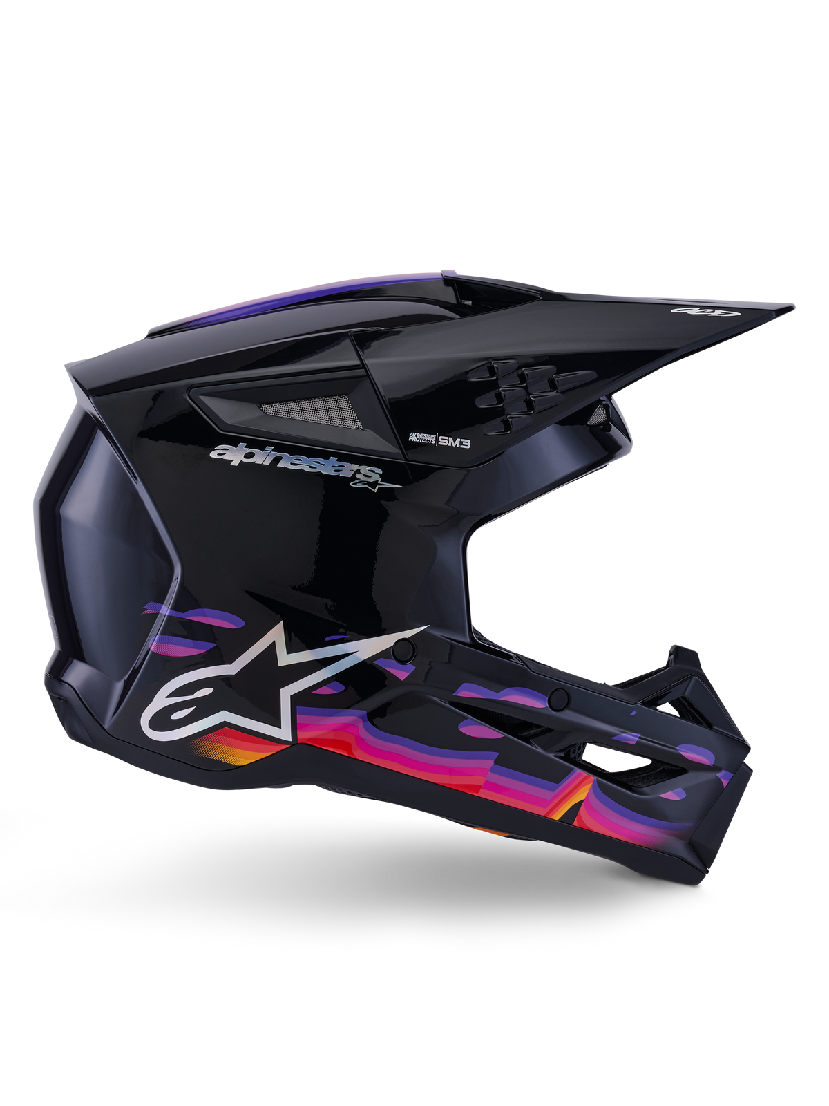 Alpinestars S-M3 Force OCD Helm, Motocross-Helm, Schwarz glänzend mit leuchtenden violetten, pinken und orangefarbenen Grafikmustern, Seitenprofil-Ansicht, silbernes Alpinestars-Logo und SM3-Branding, entwickelt für Offroad-Performance