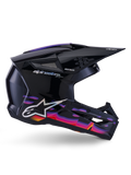 Alpinestars S-M3 Force OCD Helmet, Motocross Helmet, Black Glossy with vibrant purple, pink, and orange graphic patterns, side profile view, featuring silver Alpinestars logo and SM3 branding, designed for off-road performance