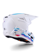 Alpinestars S-M3 Force OCD Helmet, Motocross Helmet, White Glossy with vibrant blue and purple flowing graphics, featuring silver Astar logo and side ventilation ports, aerodynamic shell design for off-road racing