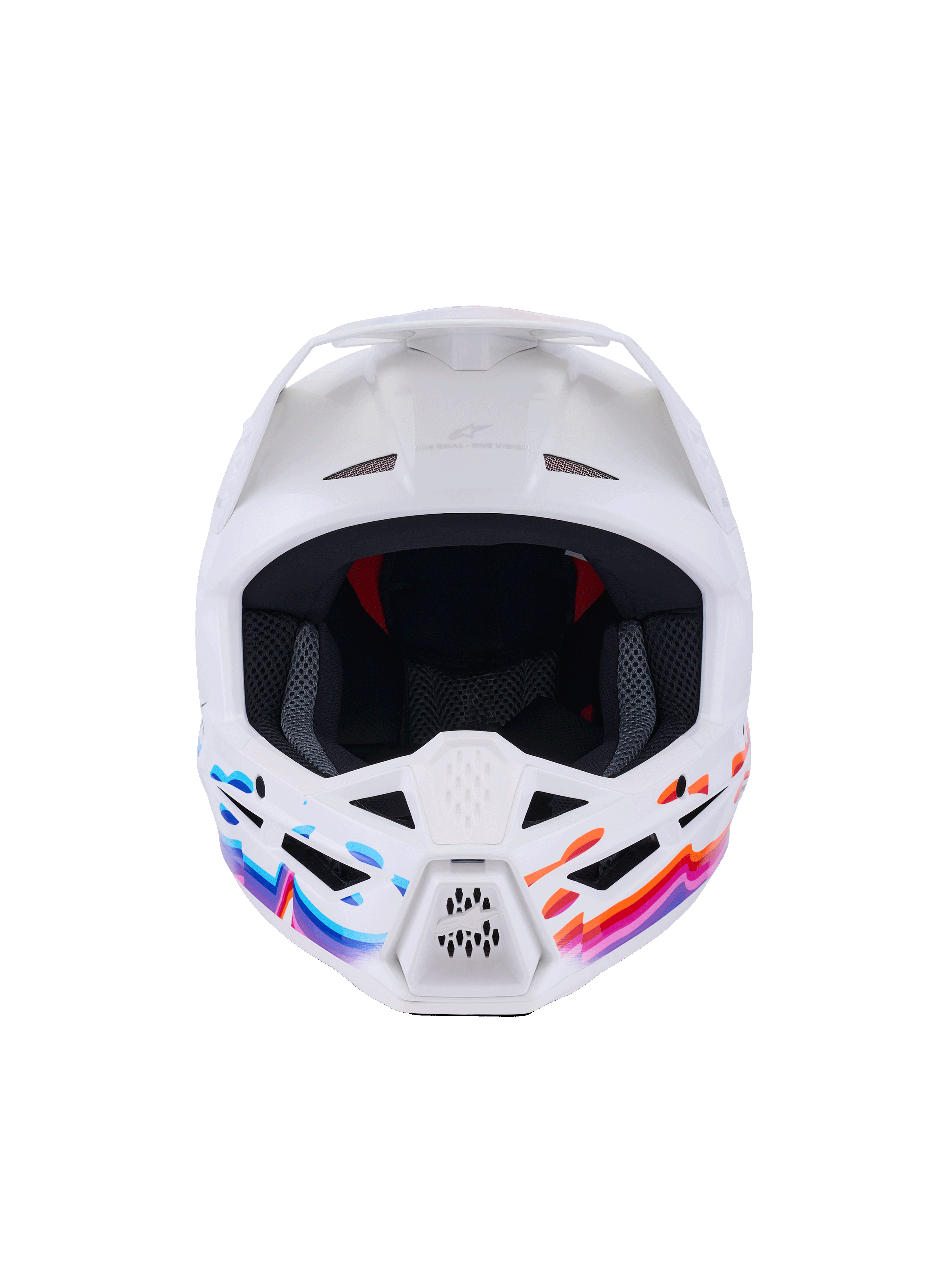 Alpinestars S-M3 Force OCD Helmet, Motocross Helmet, White Glossy with vibrant blue, pink, and orange wavy graphics, front view showing ventilation inlets and white visor, professional-grade head protection for off-road riding