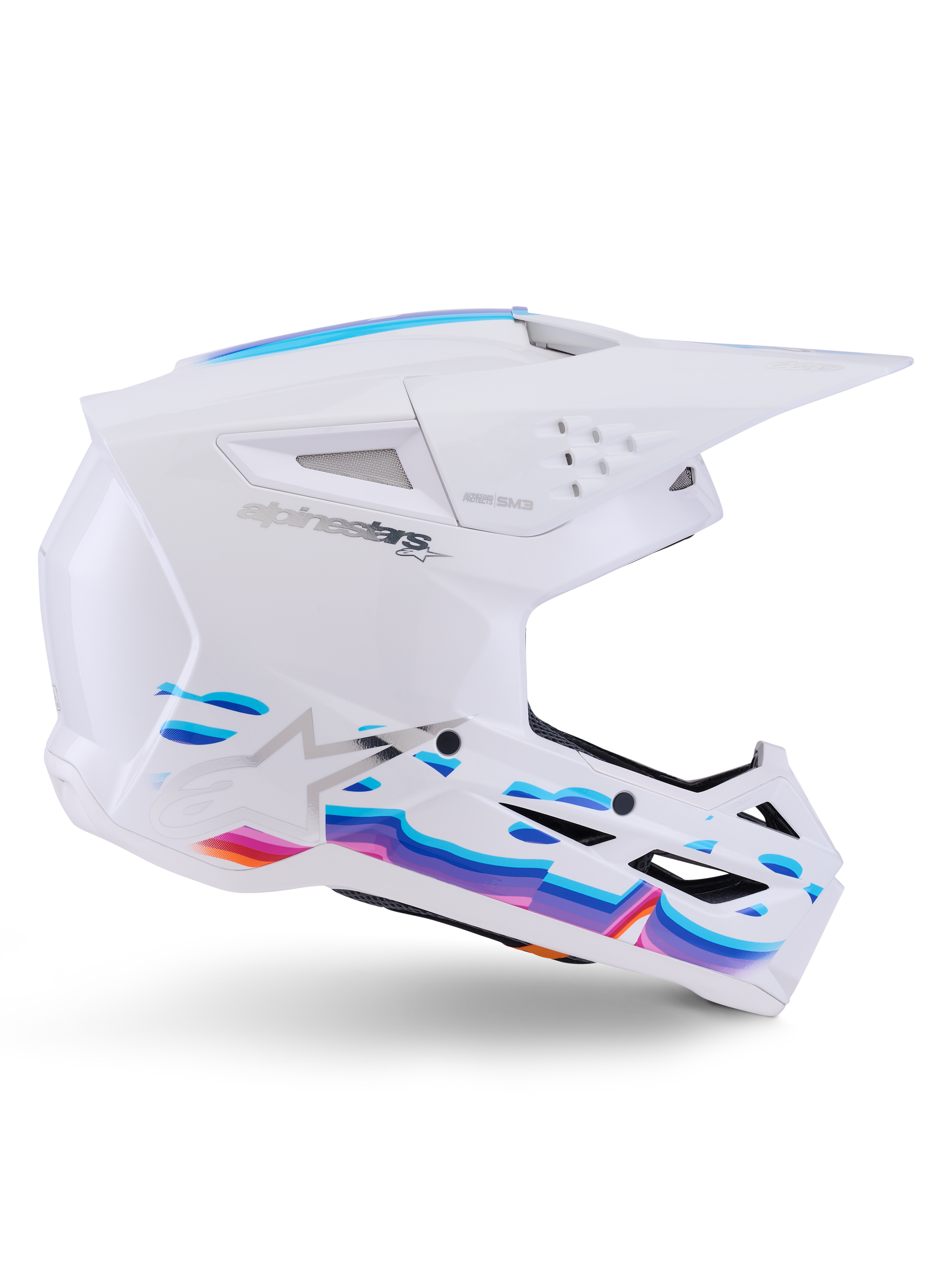 Alpinestars S-M3 Force OCD Helmet, White Glossy, motocross helmet featuring vibrant blue, purple, and orange wave graphics, side profile with aerodynamic visor and multiple ventilation ports.