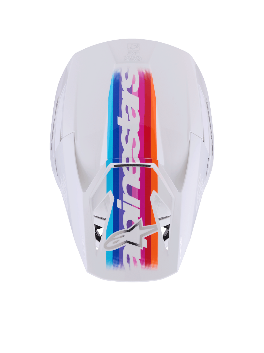Alpinestars S-M3 Force OCD Helmet, Motocross Helmet, White Glossy, top-down view featuring a vibrant multi-colored center stripe in blue, purple, red, and orange, white Alpinestars branding and star logo, professional off-road head protection