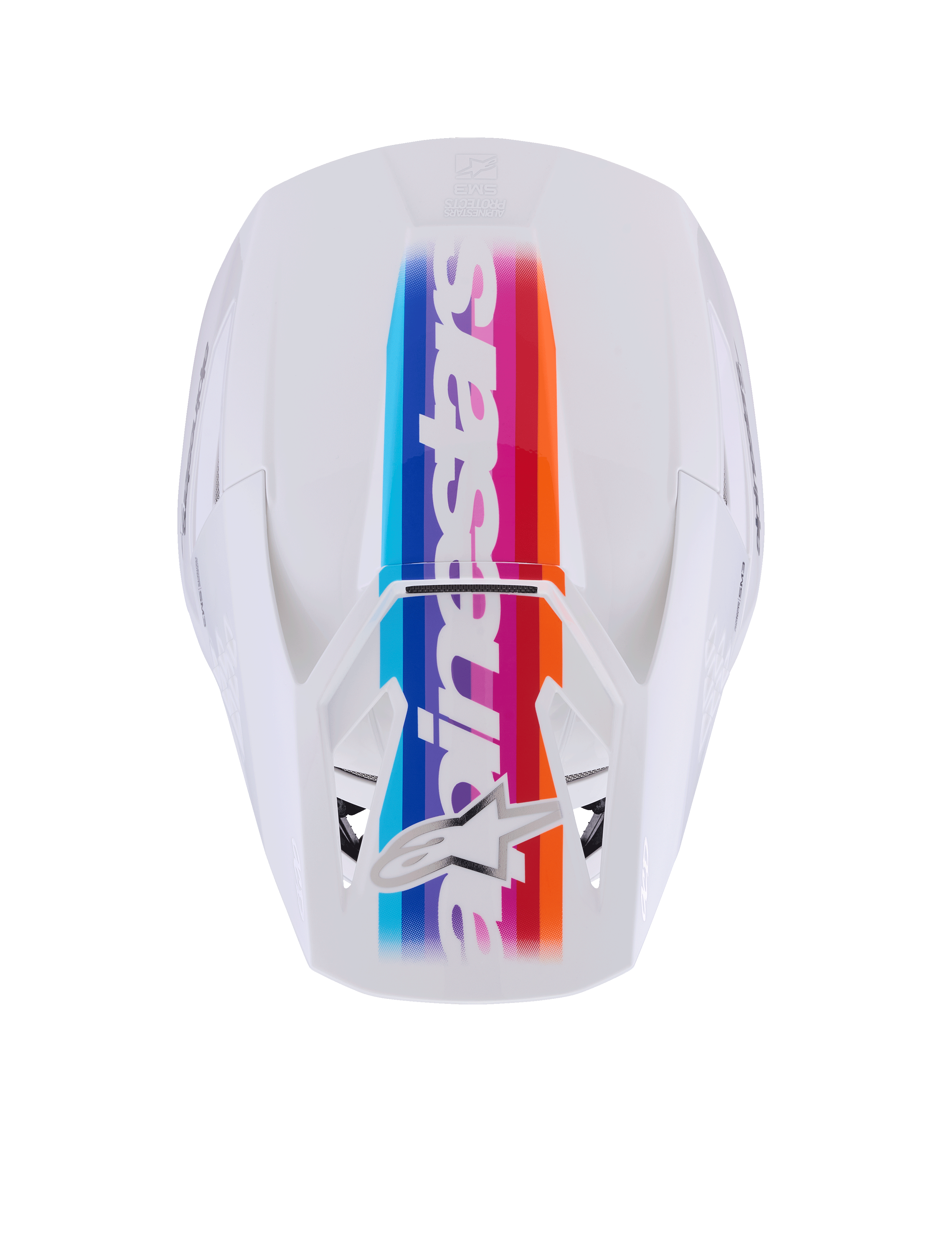 Alpinestars S-M3 Force OCD Helmet, Motocross Helmet, White Glossy, top-down view featuring a vibrant multi-colored center stripe in blue, purple, red, and orange, white Alpinestars branding and star logo, professional off-road head protection