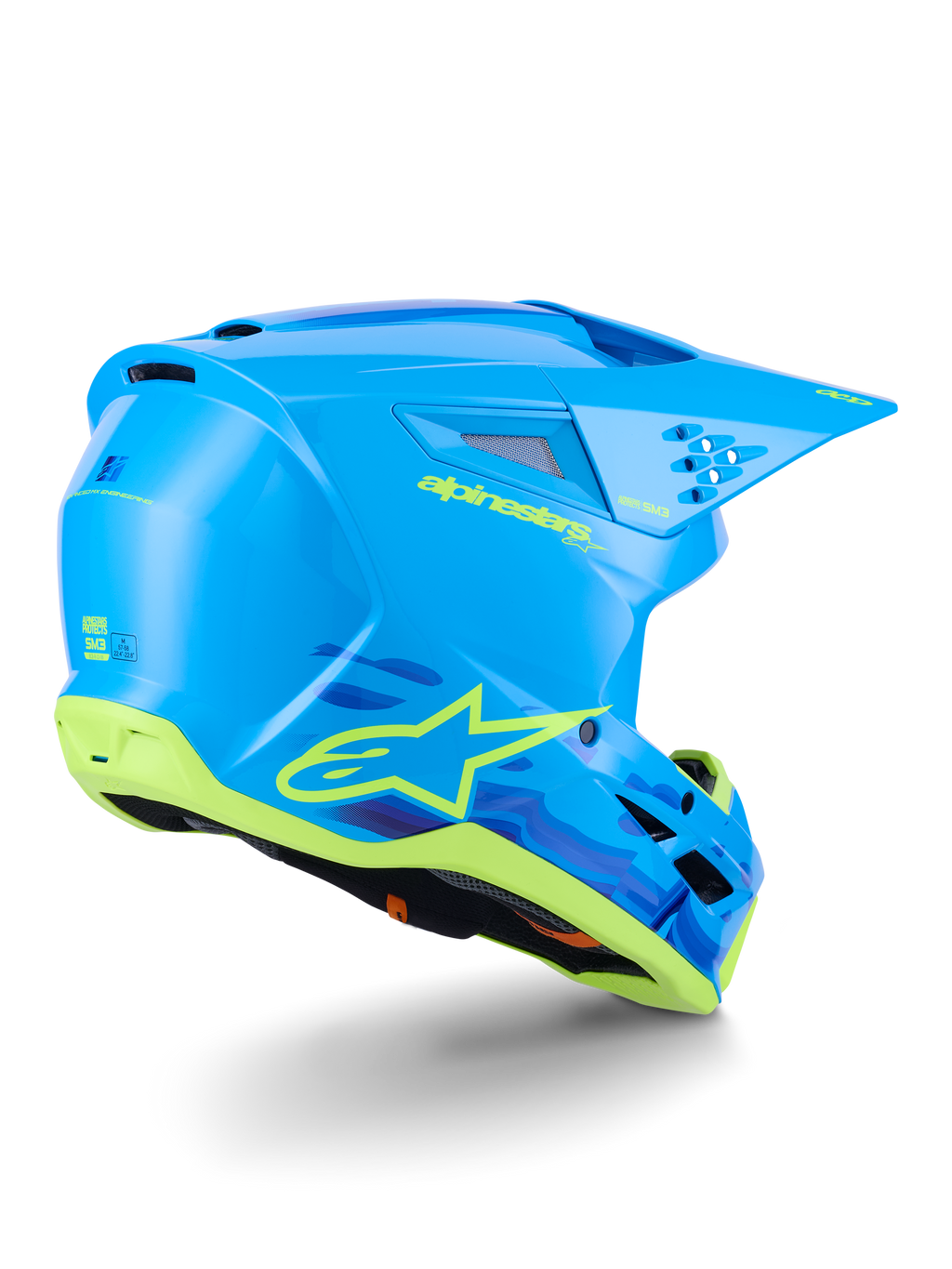 Alpinestars S-M3 Force OCD Helm, Motocross-Helm, Cyan Glänzend mit schwarz-weißen Akzenten, schlankes aerodynamisches Design, integrierte Belüftungsöffnungen und ein schützendes Visier für Offroad-Performance.