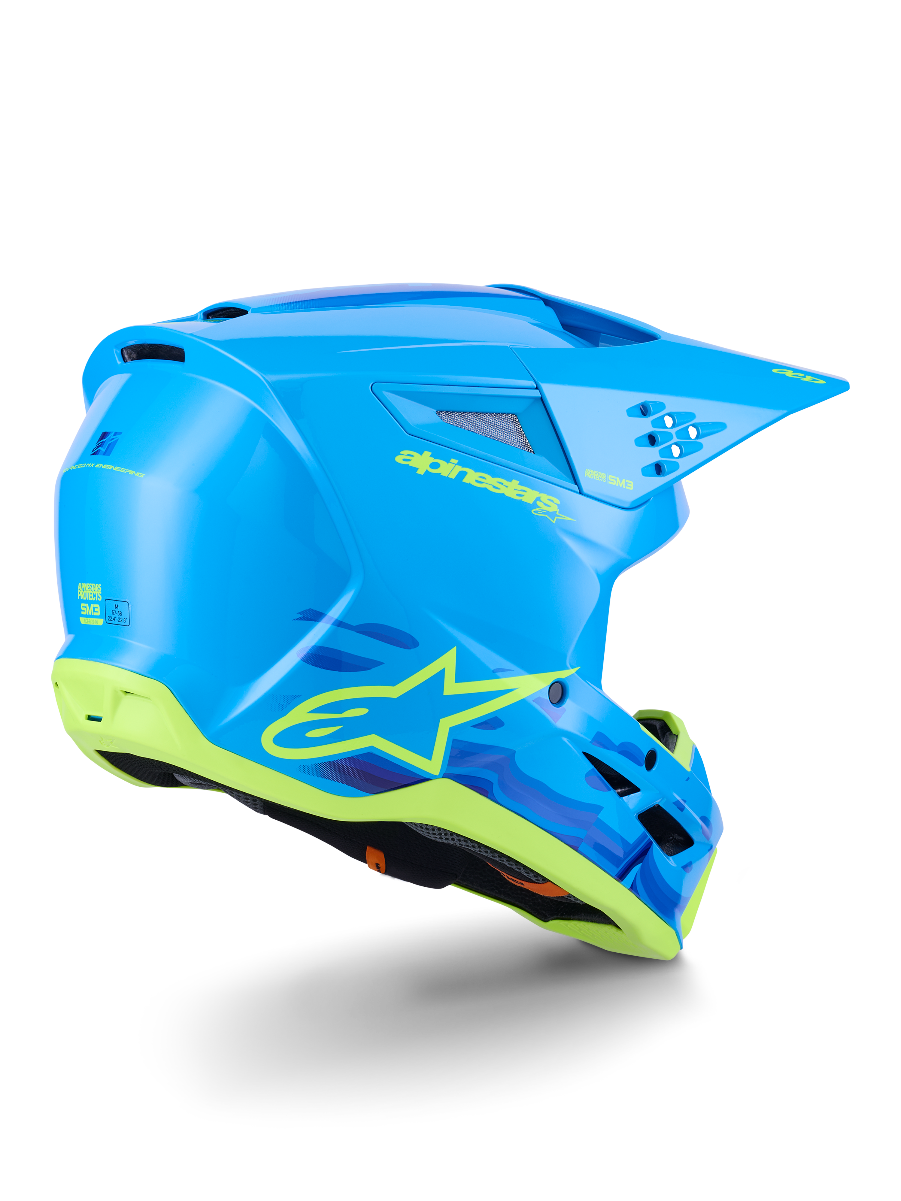 Alpinestars S-M3 Force OCD Helm, Motocross-Helm, Cyan Glänzend mit schwarz-weißen Akzenten, schlankes aerodynamisches Design, integrierte Belüftungsöffnungen und ein schützendes Visier für Offroad-Performance.