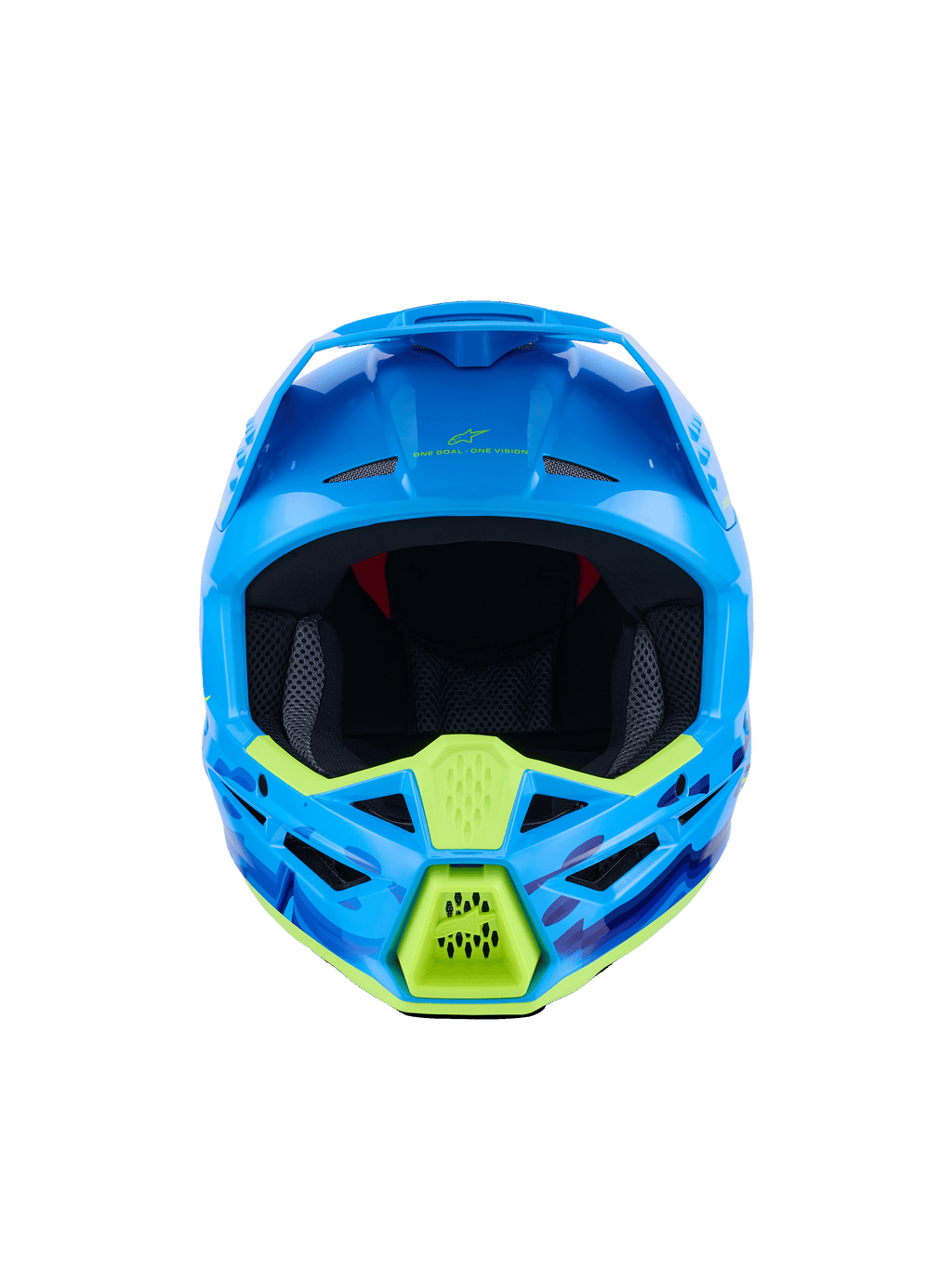 Alpinestars S-M3 Force OCD Helm, Motocross-Helm, Cyan Glänzend mit neongelben Akzenten, Vorderansicht, mit blau-violetten Camouflage-Grafiken, markanten Belüftungsöffnungen und aerodynamischem Schalendesign