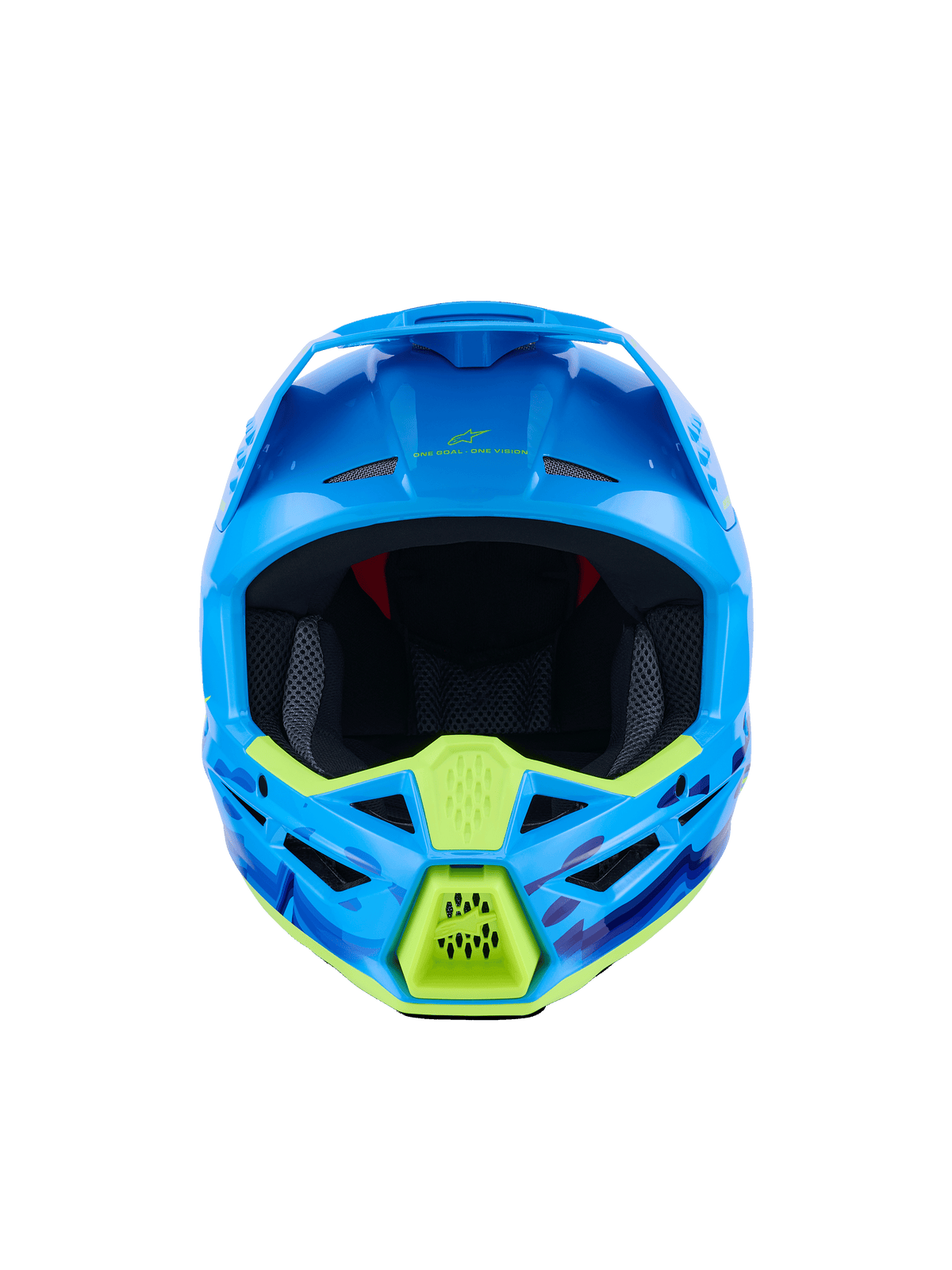 Alpinestars S-M3 Force OCD Helm, Motocross-Helm, Cyan Glänzend mit neongelben Akzenten, Vorderansicht, mit blau-violetten Camouflage-Grafiken, markanten Belüftungsöffnungen und aerodynamischem Schalendesign