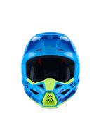 Alpinestars S-M3 Force OCD Helm, Motocross-Helm, Cyan Glänzend mit neongelben Akzenten, Vorderansicht, mit blau-violetten Camouflage-Grafiken, markanten Belüftungsöffnungen und aerodynamischem Schalendesign