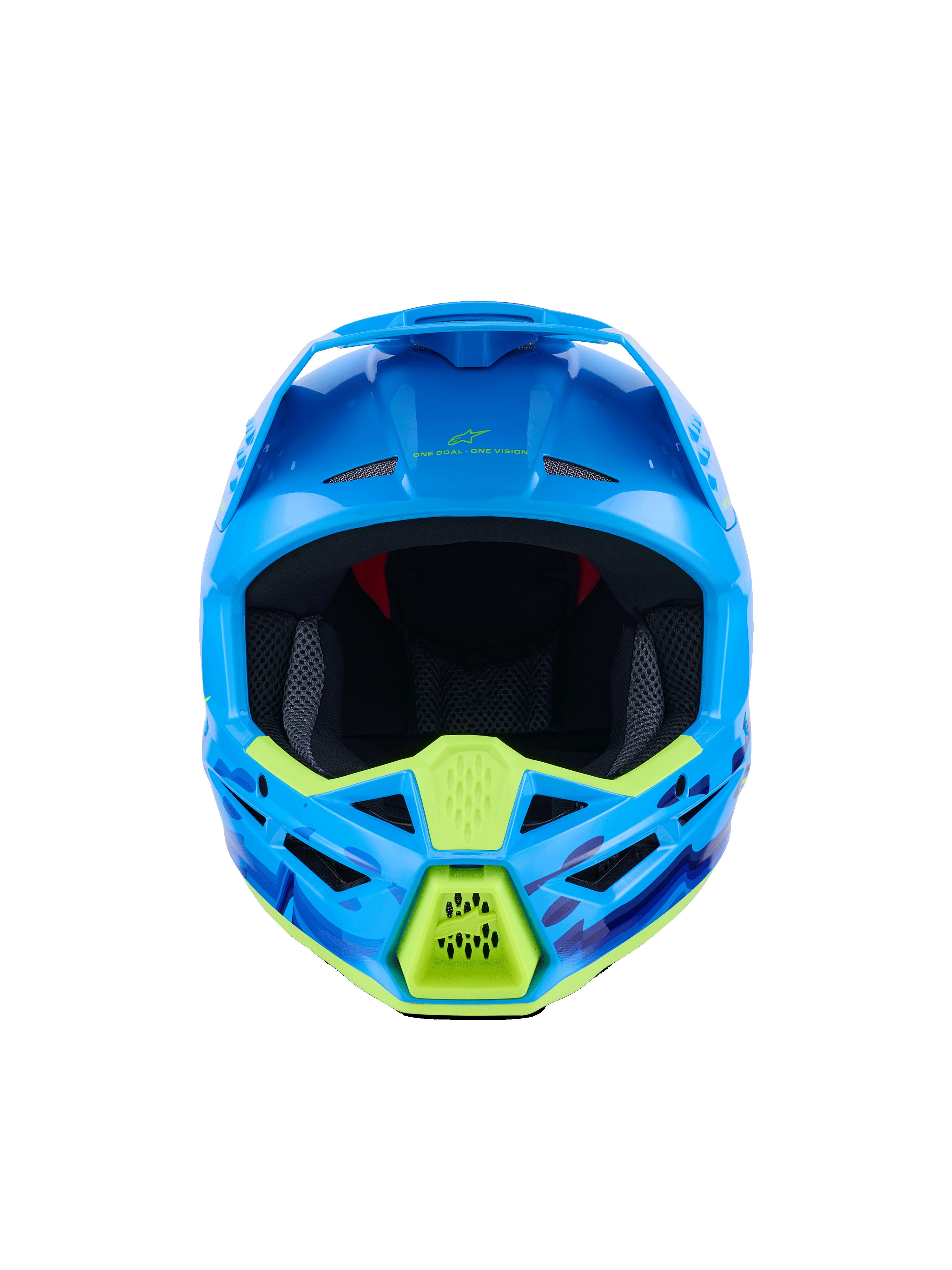 Alpinestars S-M3 Force OCD Helm, Motocross-Helm, Cyan Glänzend mit neongelben Akzenten, Vorderansicht, mit blau-violetten Camouflage-Grafiken, markanten Belüftungsöffnungen und aerodynamischem Schalendesign