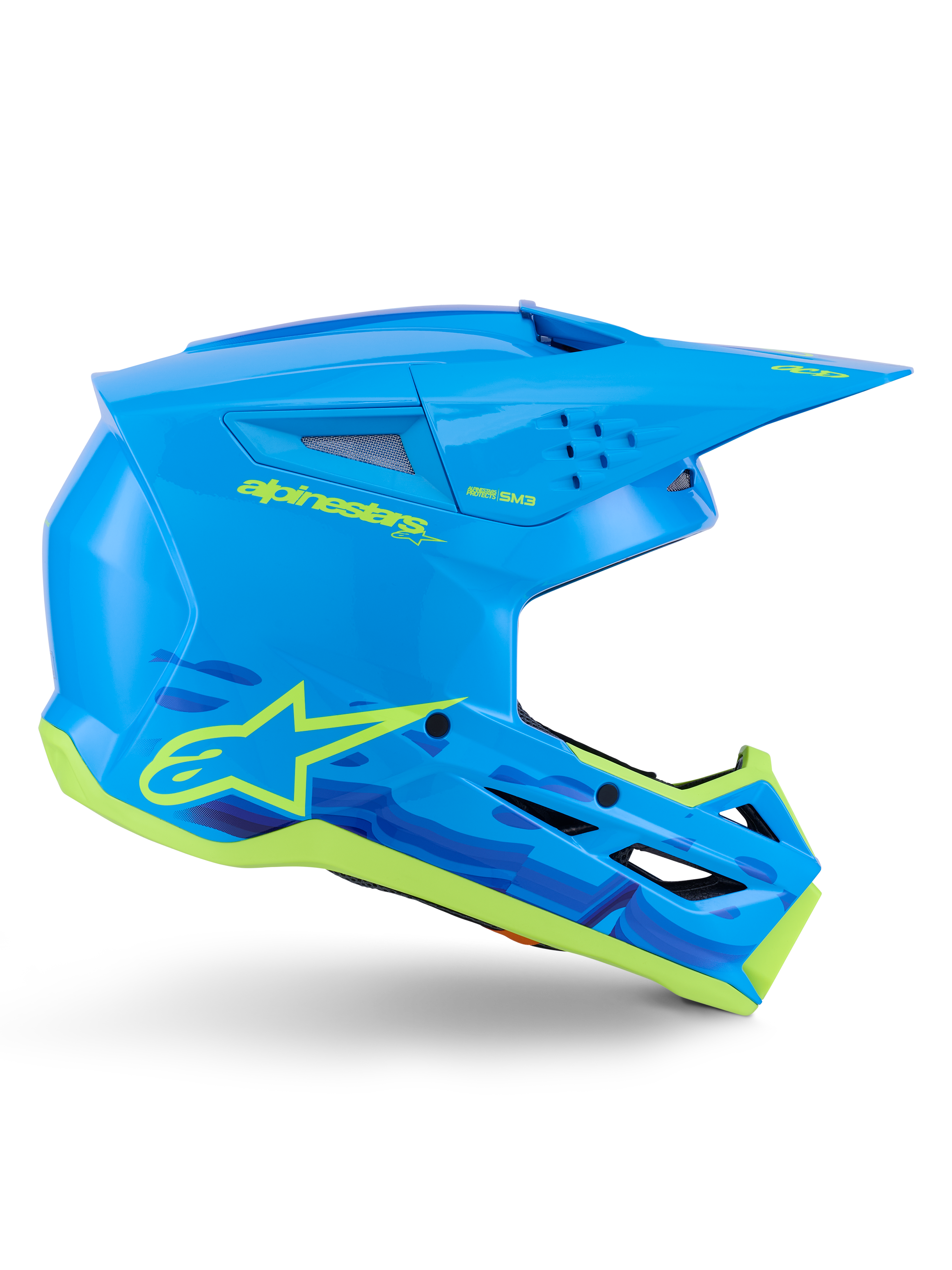 Alpinestars S-M3 Force OCD Helm, Motocross Offroad-Helm, Cyan glänzend mit neongelben Details, ECE 22.06 zertifiziert, aerodynamische Schale mit Belüftungsschlitzen, spitzes Visier und Stern-Logo-Grafiken