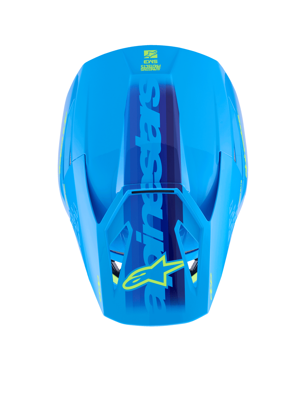 Alpinestars S-M3 Force OCD Helm, Cyan Glänzend, Draufsicht der aerodynamischen Schale, großes blaues Alpinestars-Branding mit gelbem Stern-Logo auf dem Visier, glänzendes Finish für Motocross-Rennsport.