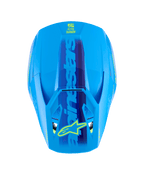 Alpinestars S-M3 Force OCD Helm, Cyan Glänzend, Draufsicht der aerodynamischen Schale, großes blaues Alpinestars-Branding mit gelbem Stern-Logo auf dem Visier, glänzendes Finish für Motocross-Rennsport.