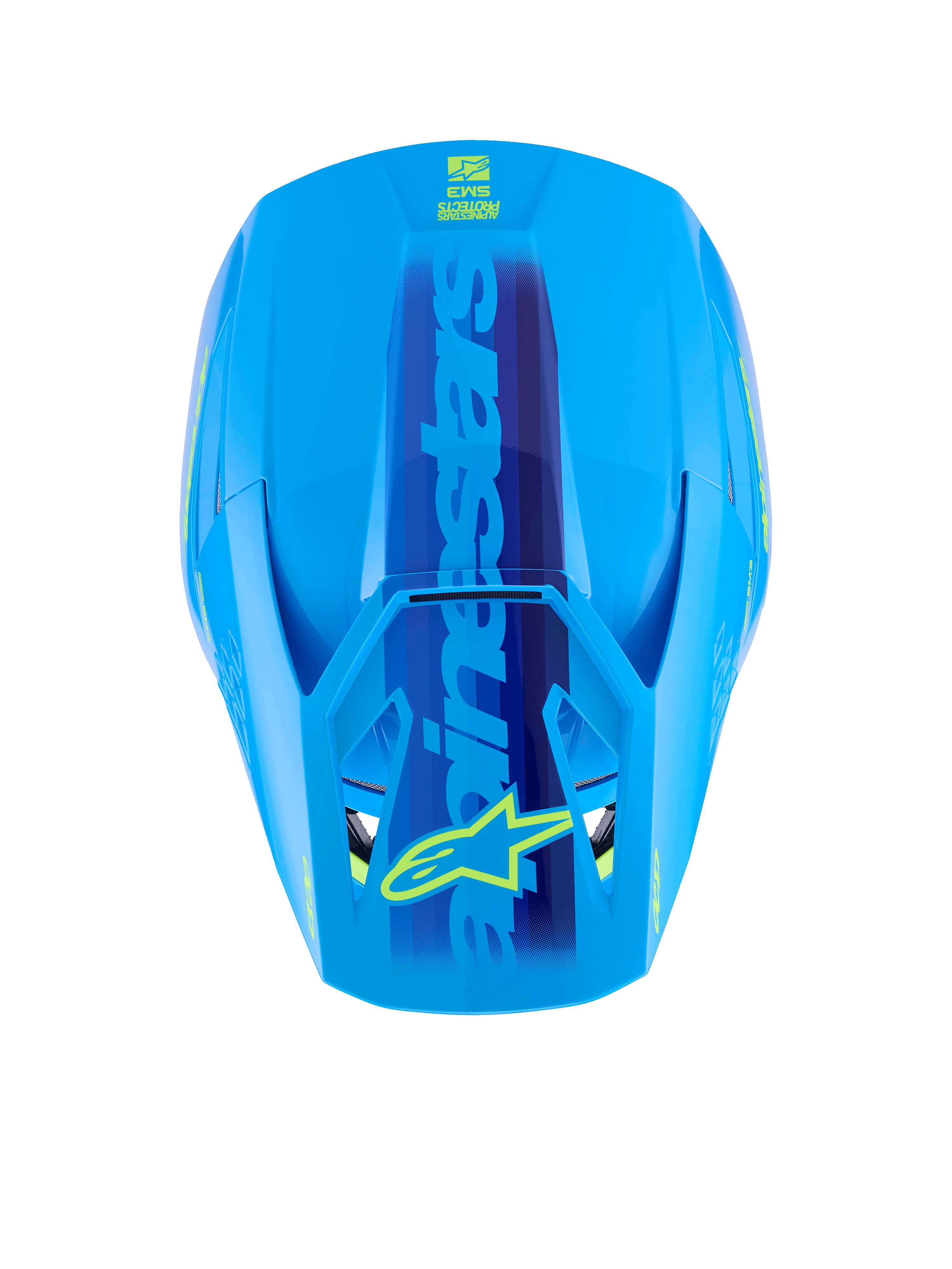 Alpinestars S-M3 Force OCD Helm, Cyan Glänzend, Draufsicht der aerodynamischen Schale, großes blaues Alpinestars-Branding mit gelbem Stern-Logo auf dem Visier, glänzendes Finish für Motocross-Rennsport.