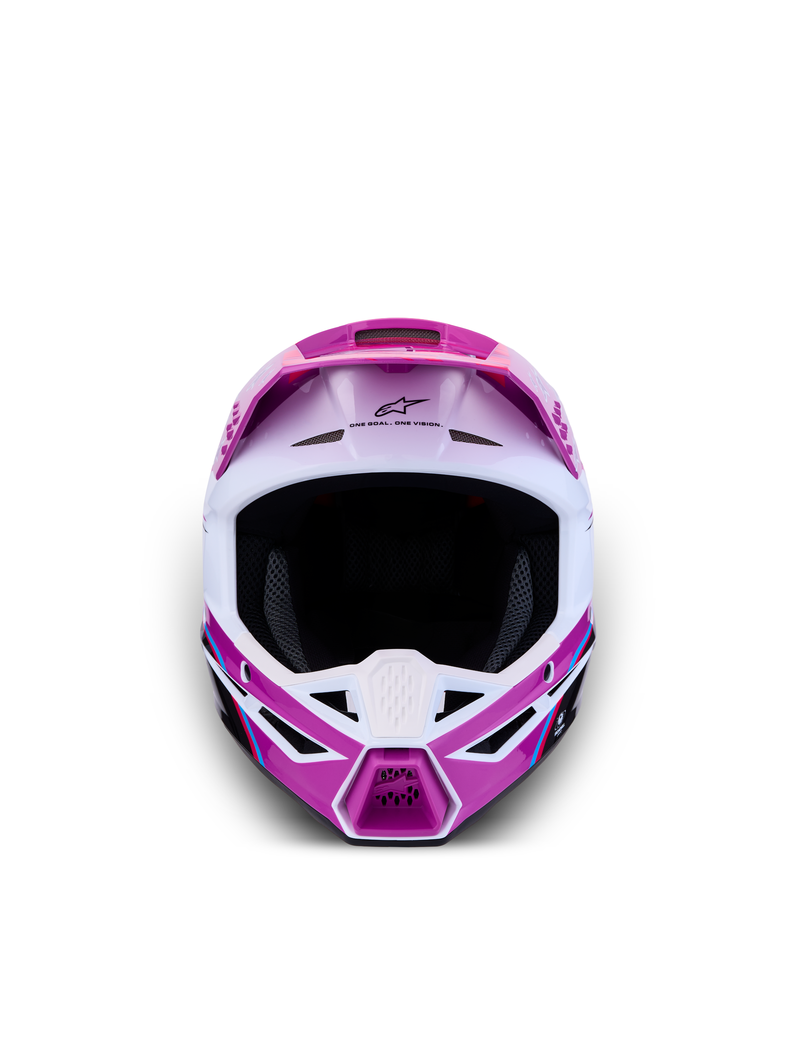 Alpinestars SM3 Jugend-Helm Falcon ECE06, Motocross-Helm in Lila und Weiß, Frontansicht mit Belüftung für den Offroad-Einsatz.