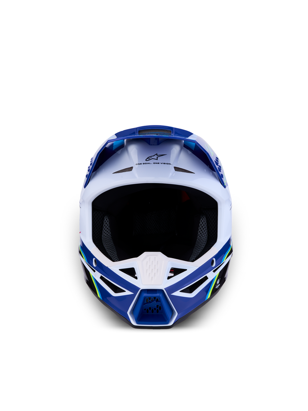 Alpinestars SM3 Jugend-Helm Falcon ECE06, blau-weißer Motocross-Helm für Jugendliche, Frontalansicht mit Belüftungssystem