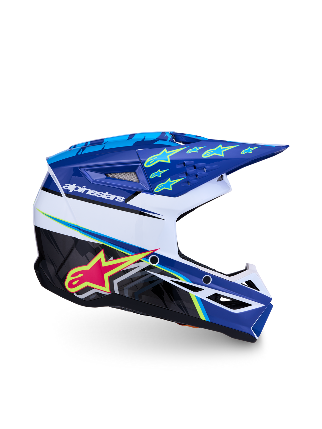 Alpinestars SM3 Jugend-Helm Falcon ECE06, Jugend-Motocross, Blau, Weiß und Schwarz mit pinken und neongelben Akzenten.