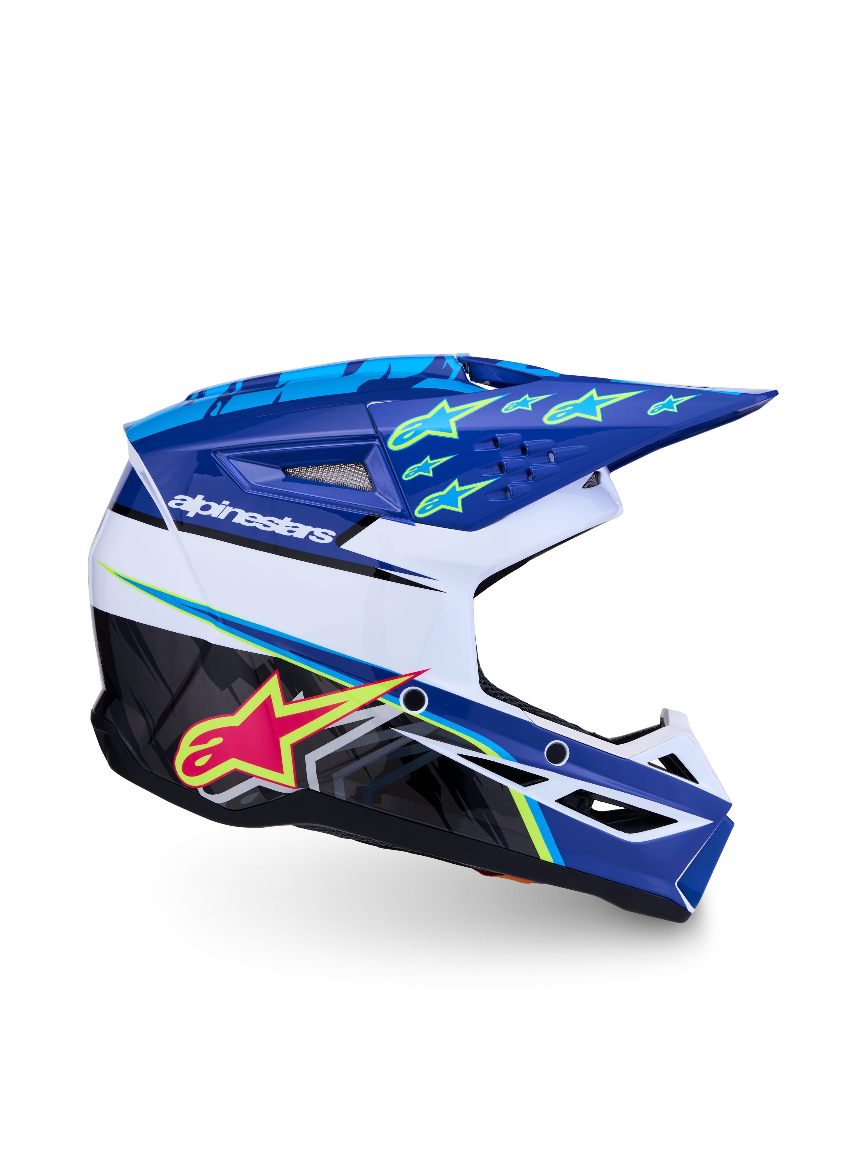Alpinestars SM3 Jugend-Helm Falcon ECE06, Jugend-Motocross, Blau, Weiß und Schwarz mit pinken und neongelben Akzenten.