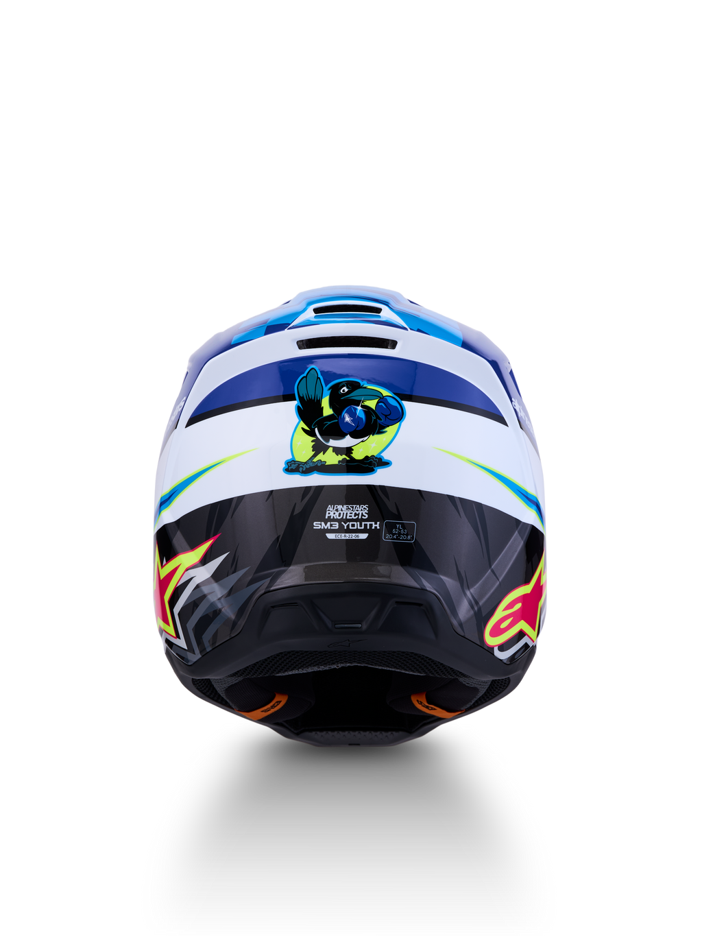 Alpinestars SM3 Jugend-Helm Falcon, Blau und Weiß, Rückansicht mit glänzenden Grafiken, ECE-zertifiziert.