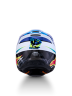 Alpinestars SM3 Jugend-Helm Falcon, Blau und Weiß, Rückansicht mit glänzenden Grafiken, ECE-zertifiziert.
