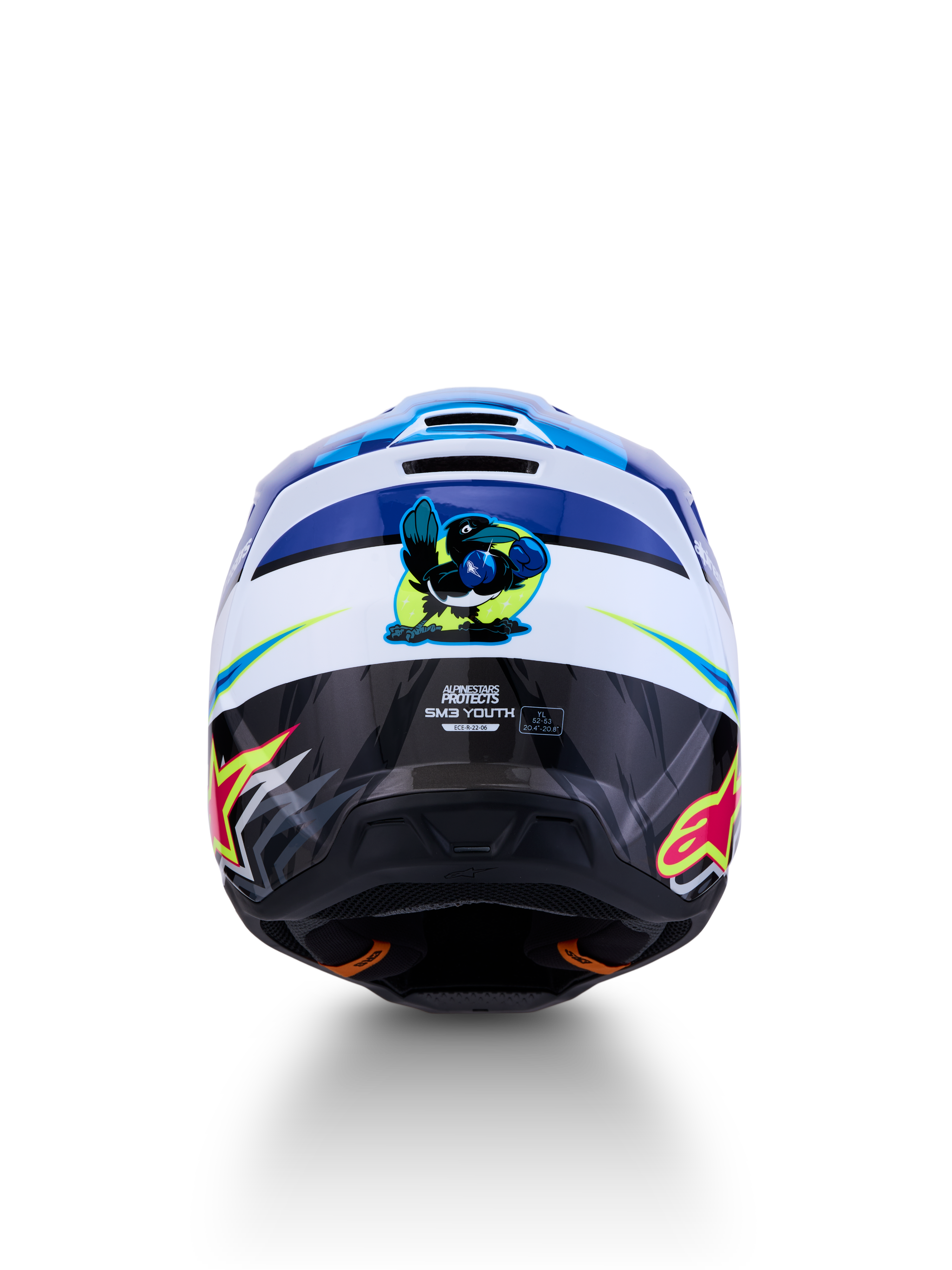 Alpinestars SM3 Jugend-Helm Falcon, Blau und Weiß, Rückansicht mit glänzenden Grafiken, ECE-zertifiziert.