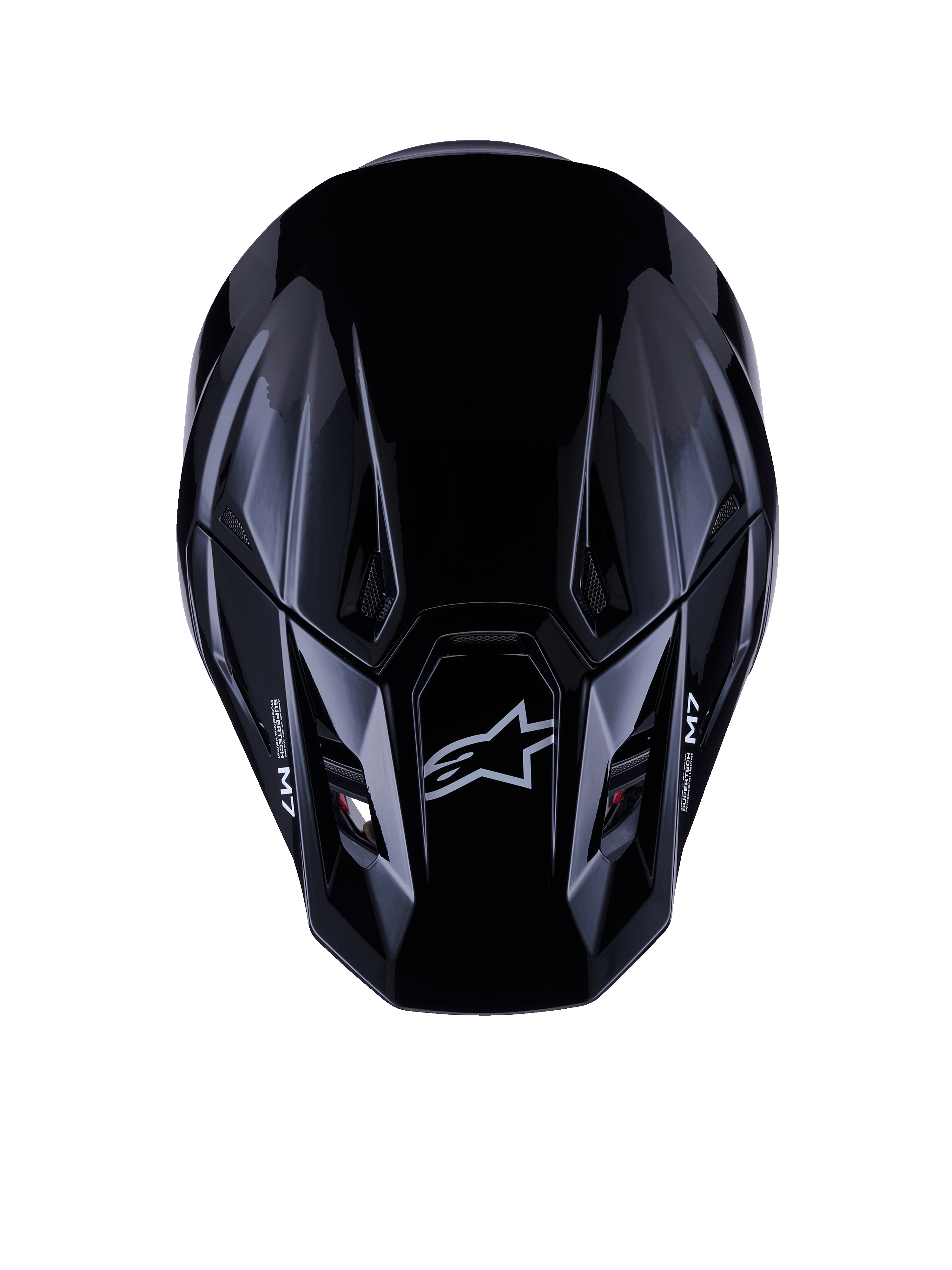 Alpinestars S-M7 Solid Helmet ECE 22.06, Motocross Helmet, Glossy Black, top-down view showing aerodynamic composite shell with Astars logo and M7 branding, sleek design with ventilation ports for off-road racing performance