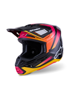 Alpinestars S-M7 Rise Helm, Motocross-Helm, Schwarz, Gelb und Pink glänzend, aerodynamische Verbundschale mit leuchtenden Farbverlaufsgrafiken, weiße Alpinestars-Logos und mehrere Belüftungsöffnungen für den Offroad-Rennsport.