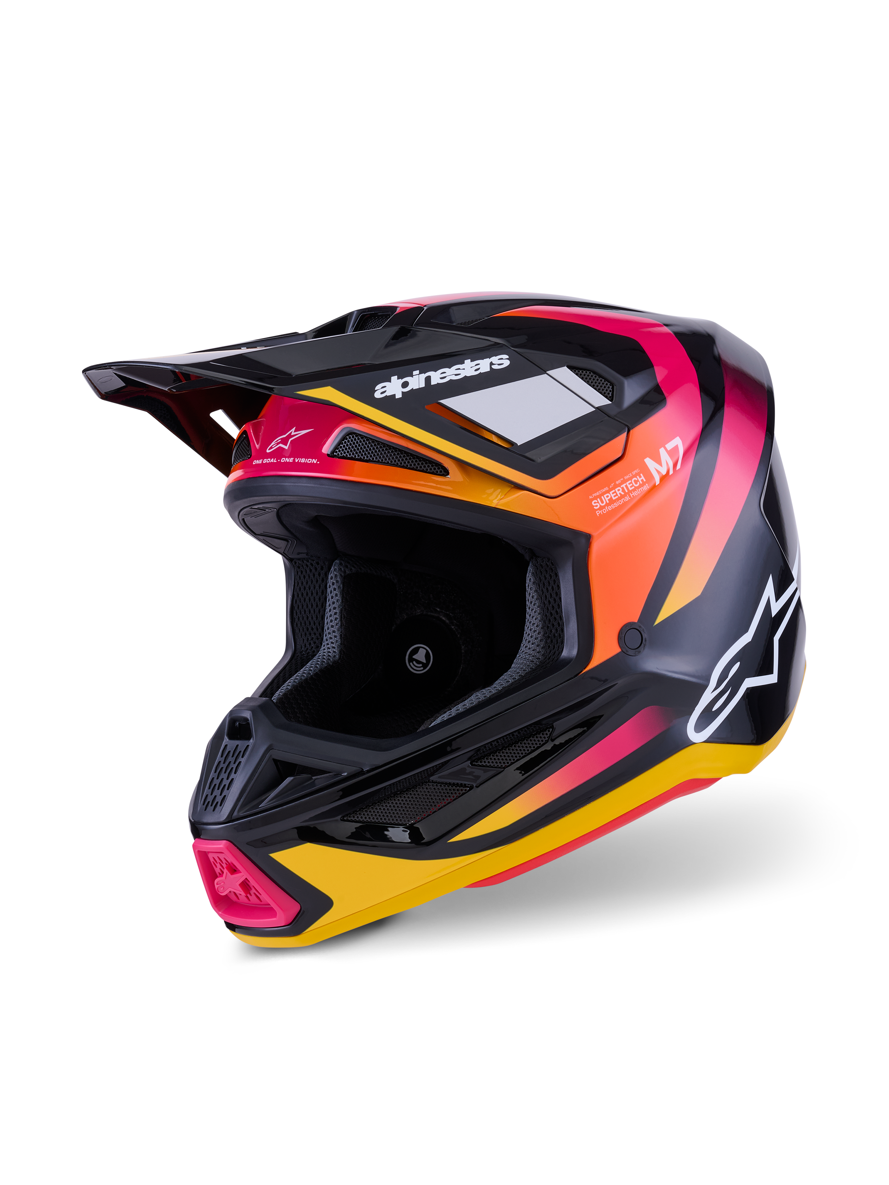 Alpinestars S-M7 Rise Helm, Motocross-Helm, Schwarz, Gelb und Pink glänzend, aerodynamische Verbundschale mit leuchtenden Farbverlaufsgrafiken, weiße Alpinestars-Logos und mehrere Belüftungsöffnungen für den Offroad-Rennsport.