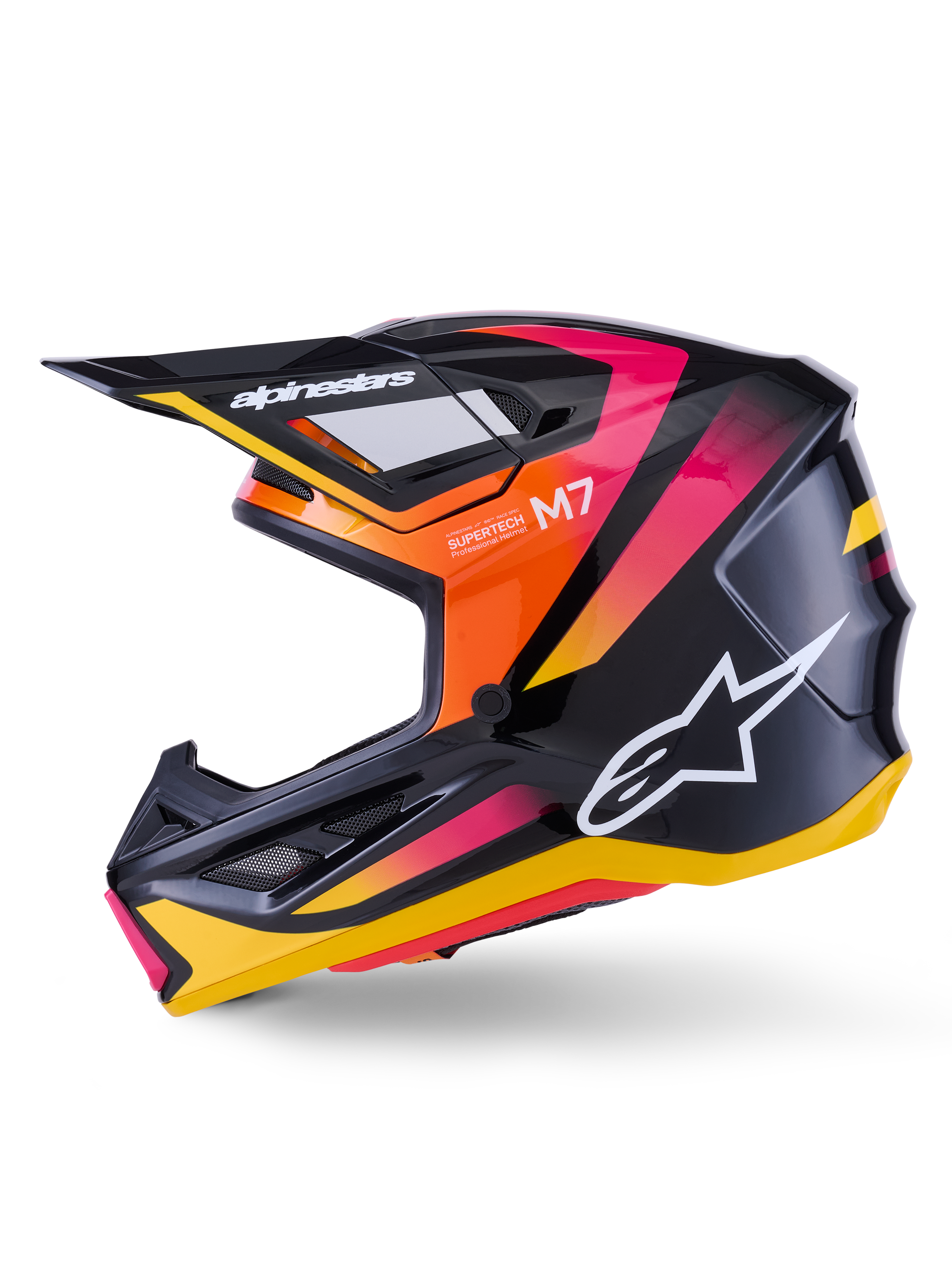 Alpinestars S-M7 Rise Helm, Motocross-Helm, Schwarz, Gelb und Pink Glänzend, Seitenprofil mit leuchtenden Akzenten in Orange und Pink mit Farbverlauf, weißes Alpinestars-Logo, schlankes aerodynamisches Design mit schwarzem Visier, professioneller Kopfschutz für den Offroad-Rennsport