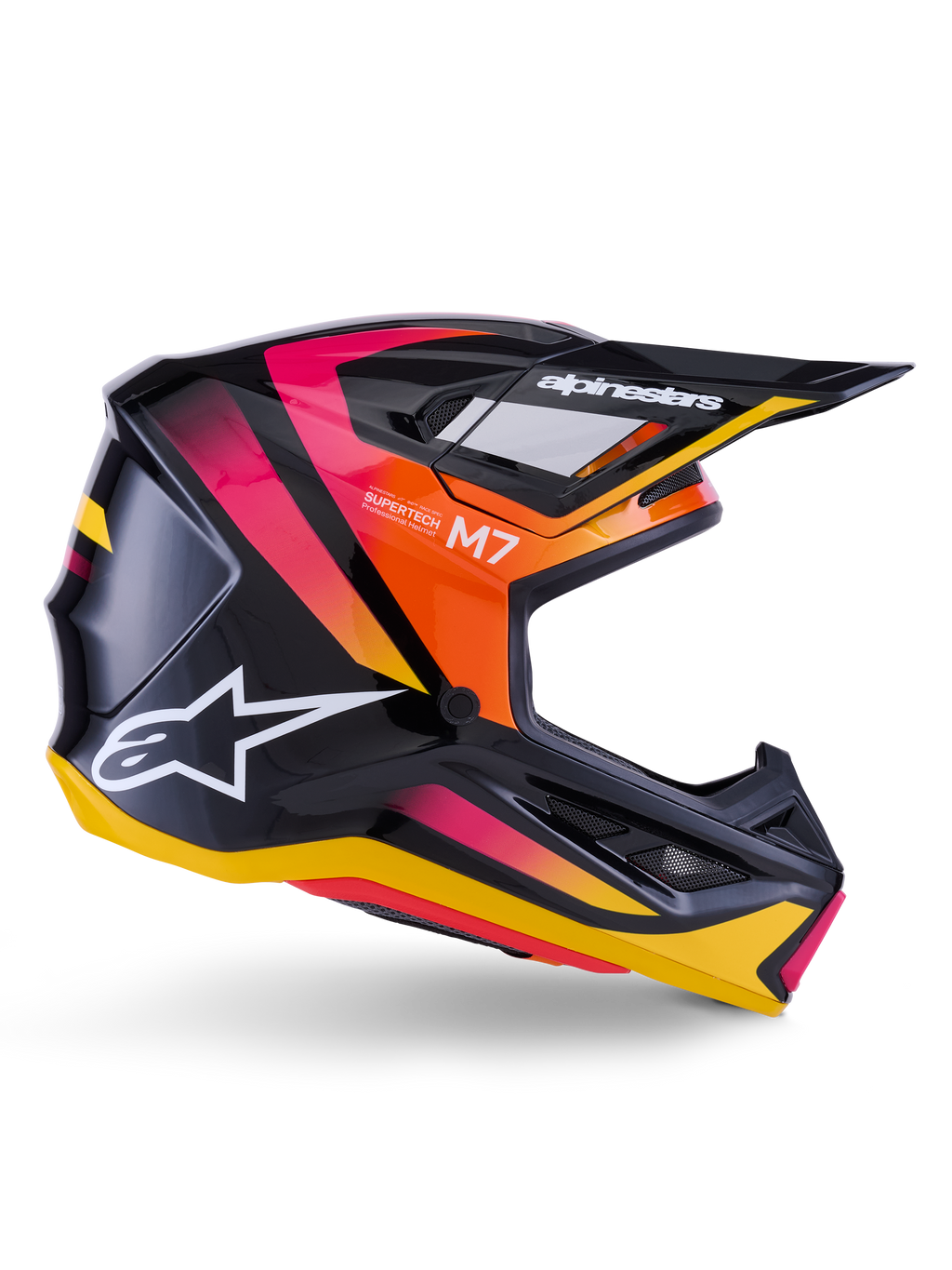 Alpinestars S-M7 Rise Helm, Motocross-Rennhelm, Glänzendes Schwarz mit Grafiken in Pink, Orange und Gelb, Seitenprofilansicht, mit weißem Alpinestars-Logo und Visier, aerodynamische Schale mit integrierten Belüftungsöffnungen