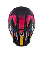 Alpinestars S-M7 Rise Helm ECE 22.06, Motocross-Helm, Schwarz, Pink und Gelb glänzend, Draufsicht zeigt aerodynamische Verbundschale, lebhaftes Farbverlaufsdesign, Belüftungsöffnungen und weißes Alpinestars-Logo auf der Vorderseite