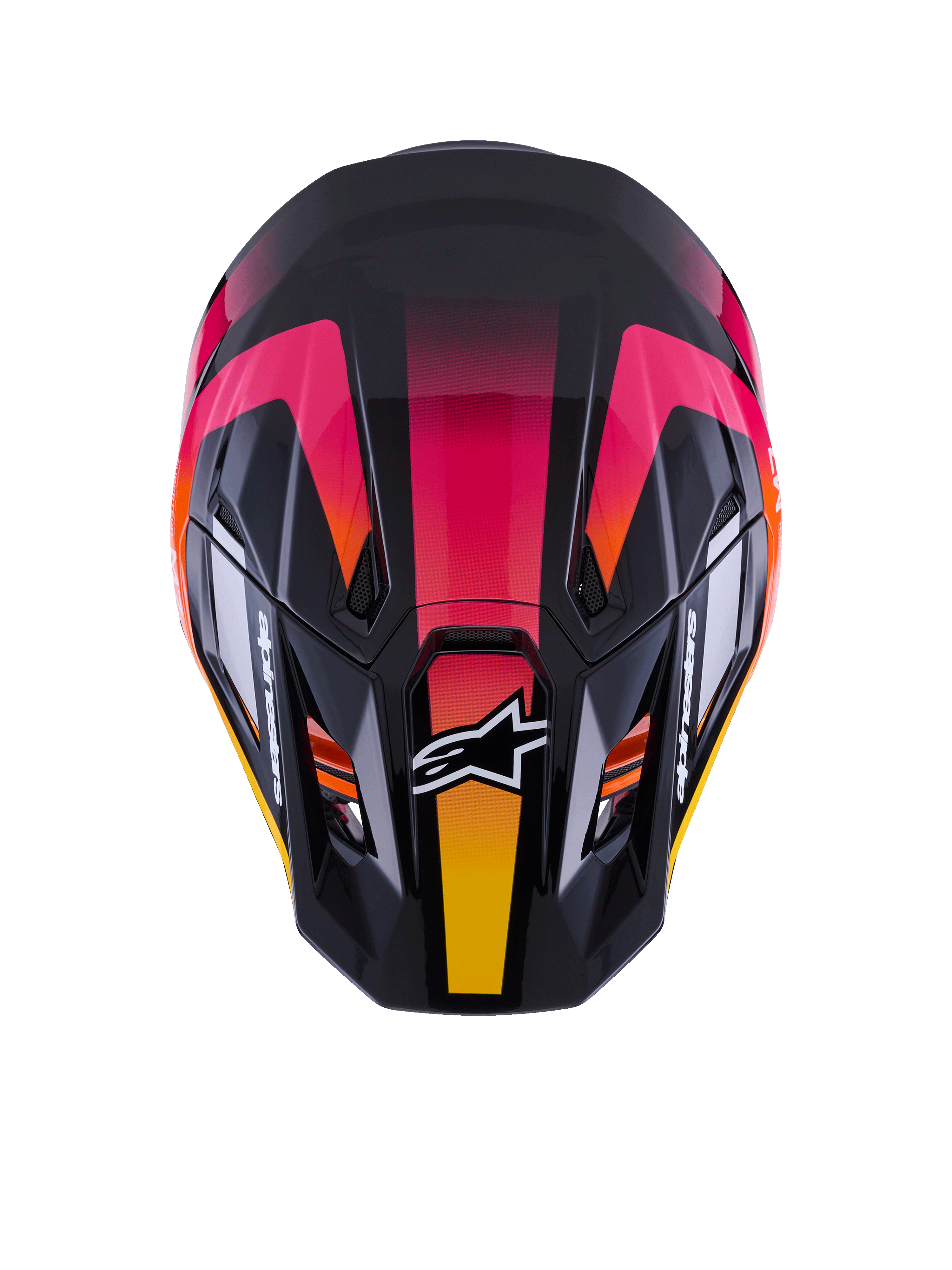 Alpinestars S-M7 Rise Helm ECE 22.06, Motocross-Helm, Schwarz, Pink und Gelb glänzend, Draufsicht zeigt aerodynamische Verbundschale, lebhaftes Farbverlaufsdesign, Belüftungsöffnungen und weißes Alpinestars-Logo auf der Vorderseite