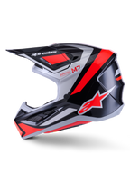 Alpinestars S-M7 Rise Helmet, Motocross Helmet, Black Silver and Red Fluo Glossy, side profile view featuring an aerodynamic composite shell, ventilated chin guard, and prominent peak with Alpinestars branding.