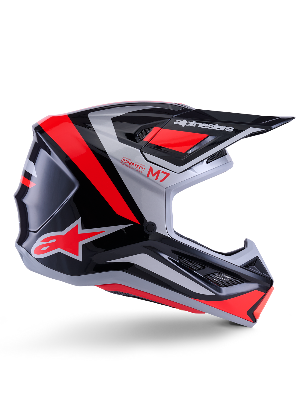 Alpinestars S-M7 Rise Helmet, Motocross Helmet, Black Silver and Red Fluo, side view showing angular aerodynamic design with peak visor and air vents, glossy finish, Supertech M7 series