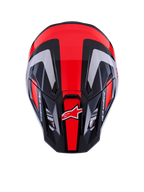 Alpinestars S-M7 Rise Helmet ECE 22.06, Motocross Helmet, Black Silver and Red Fluo Glossy, top-down view showing aerodynamic shell with ventilation ports, featuring red fluorescent stripes and Alpinestars branding, professional gear for off-road racing