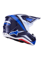 Alpinestars S-M7 Rise Helm, Motocross-Helm, Blau Weiß Glänzend, marineblaue und hellblaue Grafiken mit weißen Akzenten, Alpinestars-Logos an der Seite und Rückseite, aerodynamisches Schalendesign mit Belüftungsöffnungen, professionelle Offroad-Rennausrüstung