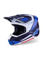Alpinestars S-M7 Rise Motocross-Helm, Blau Weiß Glänzend, Dreiviertelansicht zeigt aerodynamische Schale mit integriertem Visier und mehreren Belüftungsöffnungen, mit weißen und blauen grafischen Akzenten und markantem Branding, Hochleistungs-Offroad-Rennausrüstung