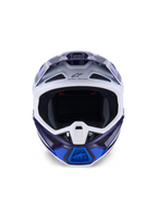 Alpinestars S-M7 Rise Helm, Blau Weiß Glänzend, Vorderansicht, Offroad-Motocross-Helm mit mehreren Belüftungsöffnungen, Astars-Logo auf der Stirn, aerodynamisches Verbundschalen-Design