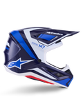 Alpinestars S-M7 Rise Helm, Motocross-Rennhelm, Blau und Weiß glänzend, Seitenansicht mit aerodynamischer Verbundschale, belüftetes Visier, kantiges Design mit markantem Branding, professioneller Offroad-Schutz