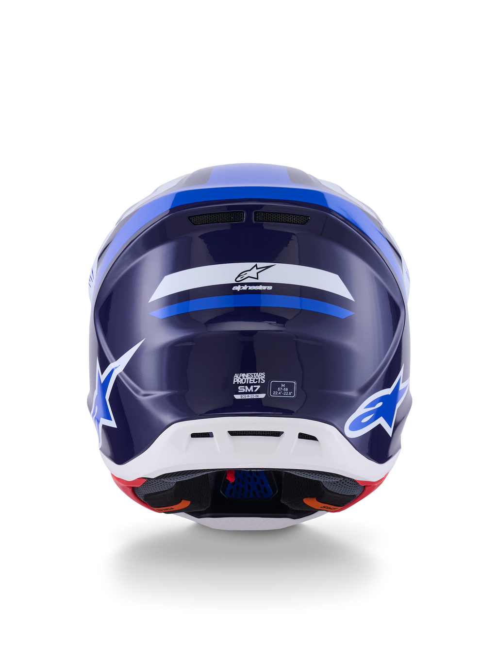 Alpinestars S-M7 Rise Helm, Rückansicht, Blau und Weiß glänzend, mit Alpinestars-Logo und SM7-Branding, aerodynamische Verbundschale mit weißem unteren Bereich und Belüftungsöffnungen, Hochleistungs-Motocross-Kopfschutz