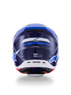 Alpinestars S-M7 Rise Helm, Rückansicht, Blau und Weiß glänzend, mit Alpinestars-Logo und SM7-Branding, aerodynamische Verbundschale mit weißem unteren Bereich und Belüftungsöffnungen, Hochleistungs-Motocross-Kopfschutz