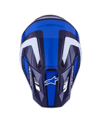 Alpinestars S-M7 Rise Helm, Motocross-Helm, Blau Weiß Glänzend, Draufsicht zeigt aerodynamische Schale und Belüftungsöffnungen, mit weißen und dunkelblauen eckigen Grafiken und markantem Branding