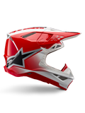 Alpinestars Supertech M10 Unite Helm, Motocross-Rennhelm, Rot und Weiß glänzend, Seitenansicht mit eckigen geometrischen Mustern, schwarze Stern-Grafik, mehrere Mesh-Belüftungsöffnungen, aerodynamisches Design für Offroad-Rennsport