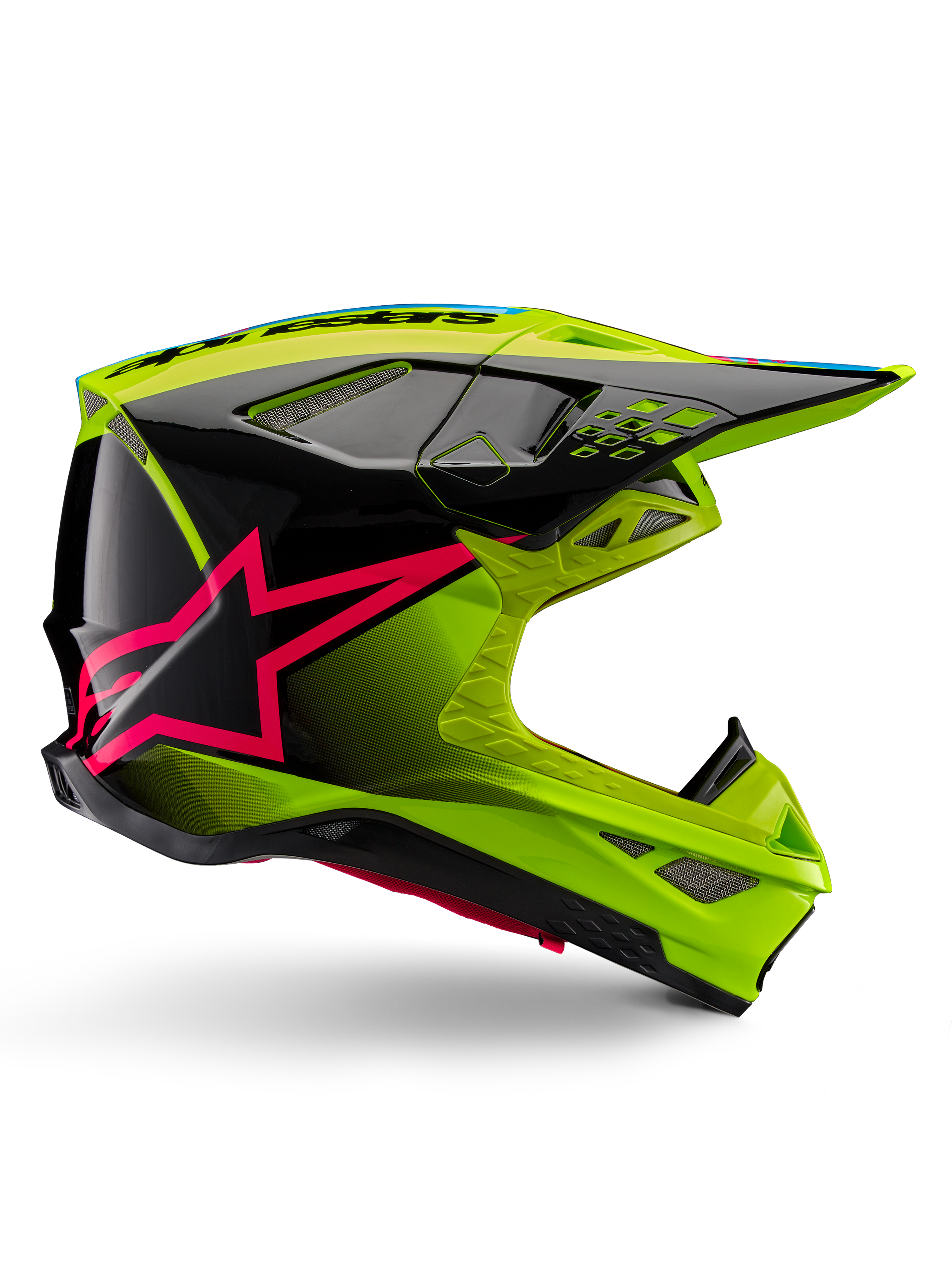 Alpinestars Supertech M10 Unite Helm, Motocross-Rennhelm, Gelb Fluo und Schwarz mit Diva Pink Stern-Grafiken, glänzendes aerodynamisches Design mit Belüftungsöffnungen, ECE 22.06 zertifiziert