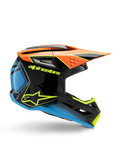 Alpinestars S-M3 Youth Fray Helmet, Motocross Helmet, Black with Orange, Blue, and Fluorescent Yellow accents, side profile view showing aerodynamic design, air vents, and sharp visor, glossy finish with bold yellow branding.