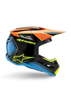 Alpinestars S-M3 Youth Fray Helmet, Motocross Helmet, Black with Orange, Blue, and Fluorescent Yellow accents, side profile view showing aerodynamic design, air vents, and sharp visor, glossy finish with bold yellow branding.