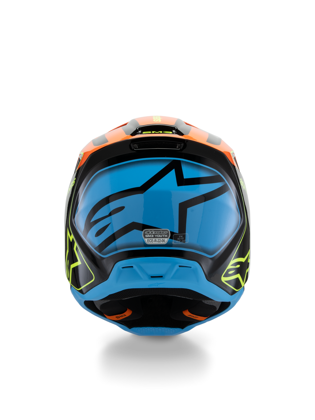 Alpinestars S-M3 Youth Fray Helmet, Motocross Helmet, Black with Orange and Fluorescent Yellow accents and a large Blue graphic on the back, rear view showing ventilation ports and ECE 22.06 certification label, designed for youth off-road performance.
